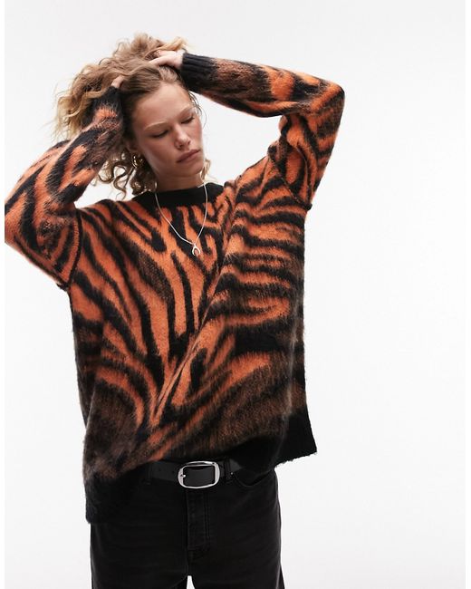 TopShop knitted zebra print fluffy sweater in