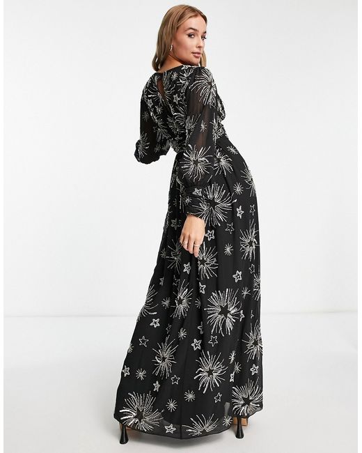 Miss Selfridge Premium embellished long sleeve maxi dress with star detail in