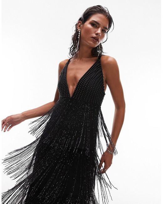 TopShop premium strappy embellished fringe and beaded mix midi dress in