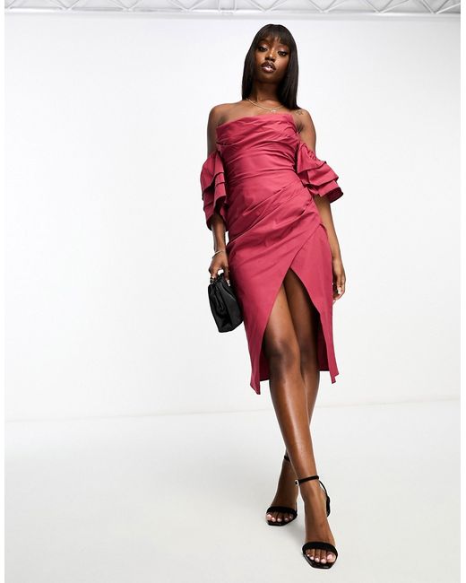 ASOS Luxe bardot sleeve poplin midi dress in oxblood-