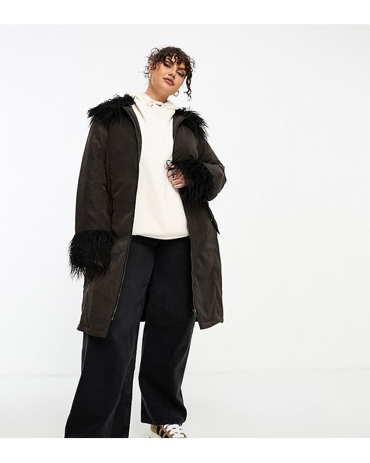 Collusion Plus nylon longline fur trim coat in brown with faux