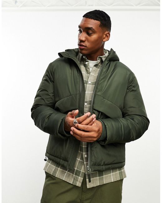 Asos Design puffer jacket with hood in khaki-