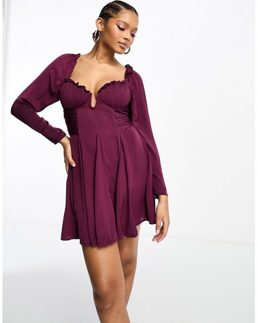 Asos Design satin cupped mini dress with godet and ruched waist in wine-