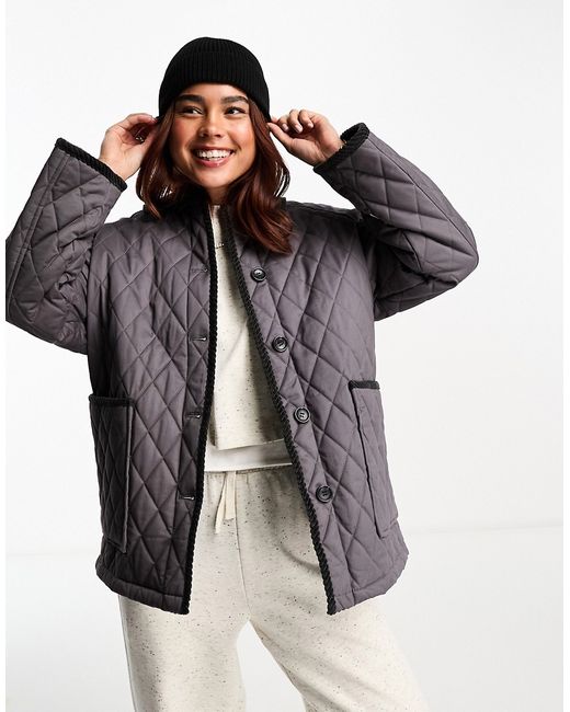 Asos Design cotton quilt jacket with cord collar in charcoal-