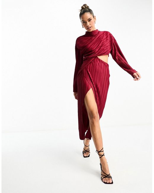 Asos Design plisse cut out dress with wide sleeve and side twist maxi in wine-