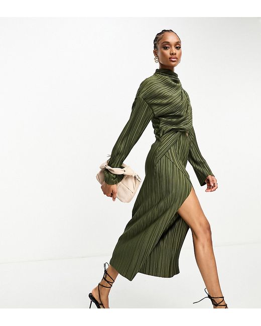 ASOS Tall DESIGN Tall plisse cut out dress with wide sleeve and side twist midi in khaki-