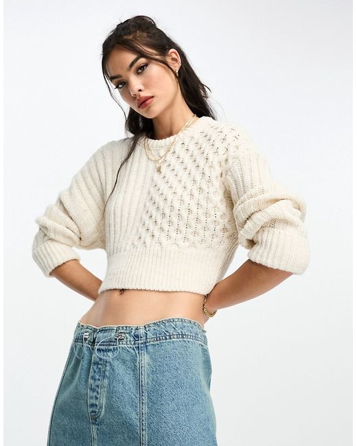 Asos Design crop sweater in mixed cable stitch cream-