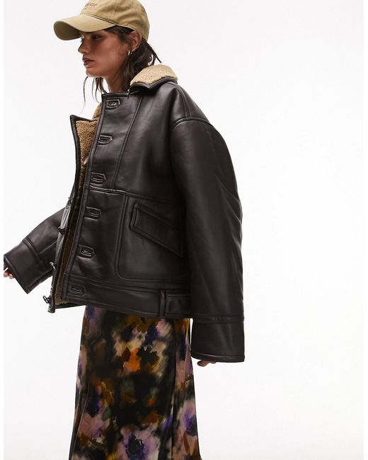 TopShop faux leather shearling oversized car coat with borg lining