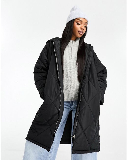 Pull & Bear quilted longline hooded coat