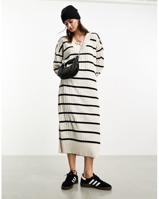 Only knitv neck maxi dress cream and black stripe-