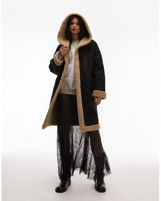TopShop reversible faux suede shearling hooded longline car coat with chocolate borg lining