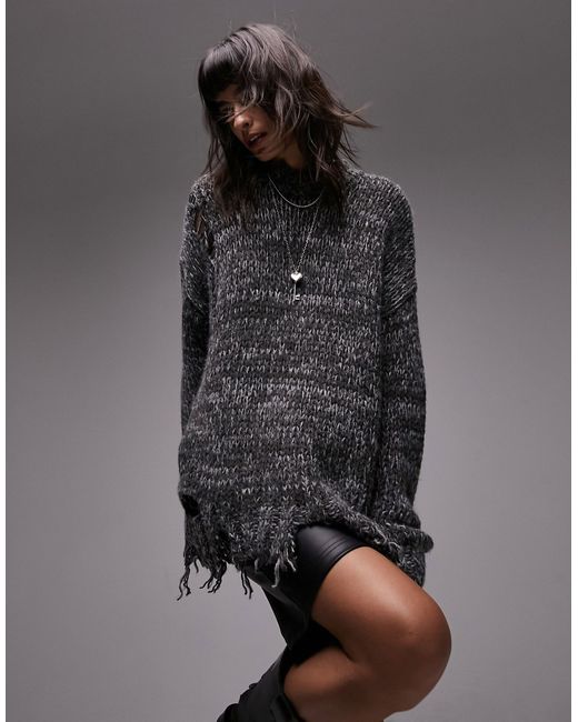 TopShop knit oversized distressed sweater charcoal-