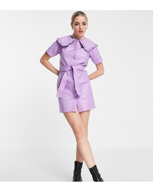 Reclaimed Vintage inspired leather look mini dress with statement collar lilac-