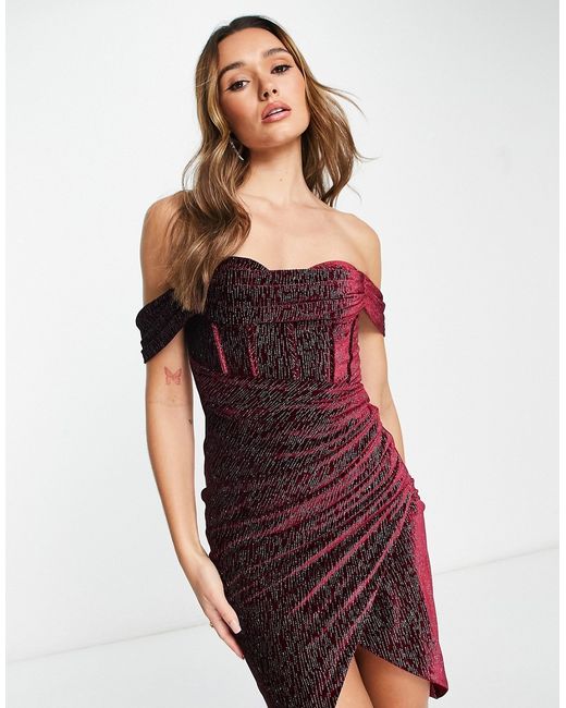 Lavish Alice glitter velvet off shoulder midi dress burgundy-