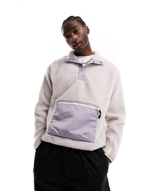 Asos Design oversized half snap sweatshirt lilac borg with nylon pocket-