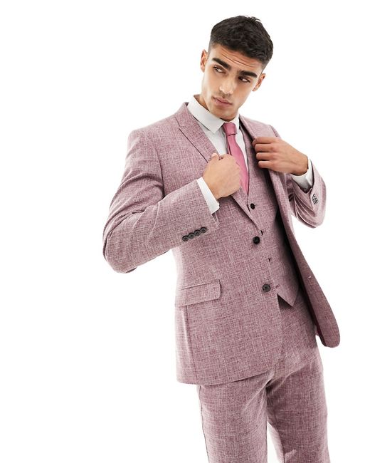Asos Design wedding skinny suit jacket burgundy crosshatch-