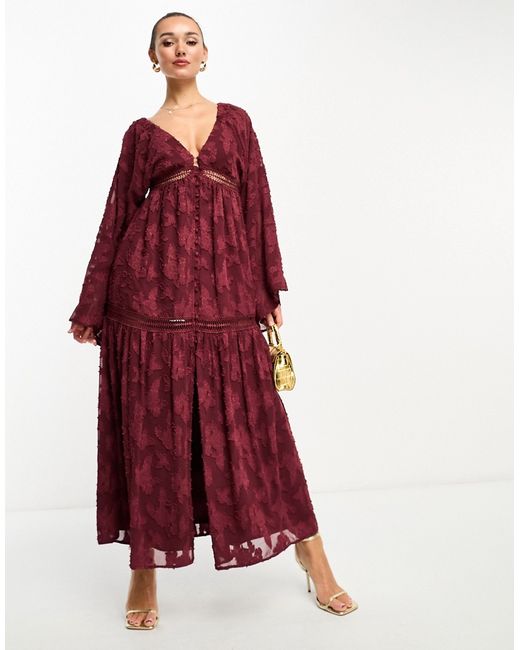 Asos Design burnout v neck batwing midi dress with button through detail burgundy-