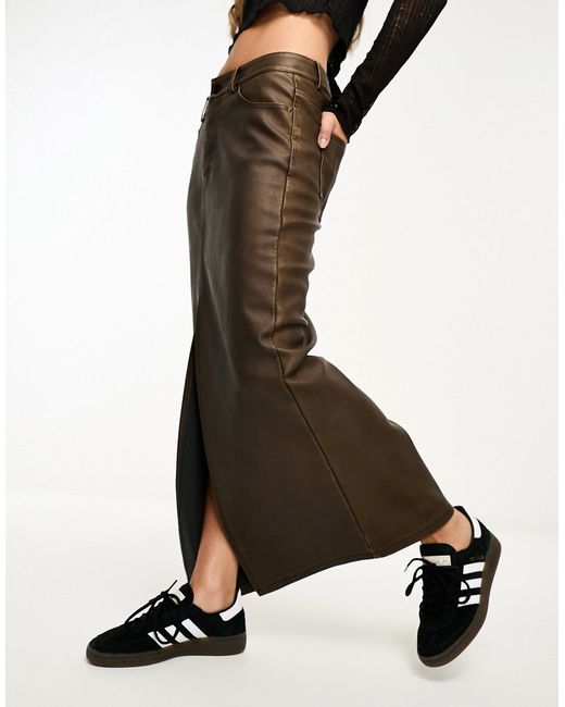 Stradivarius faux leather midi skirt with split front washed brown-