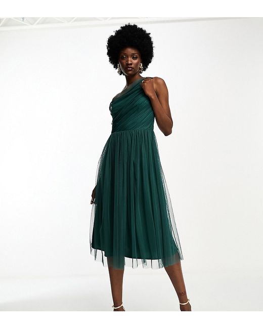Anaya Tall Bridesmaid tulle one shoulder midi dress emerald