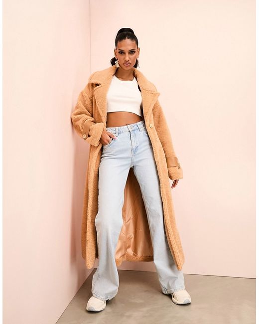 ASOS Luxe borg longline trench coat with ruched waist camel-