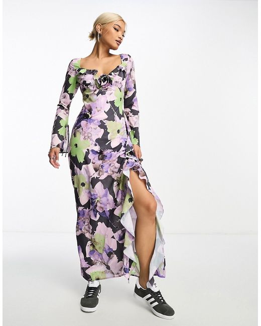 Sisters of the Tribe floral print long fluted sleeve ruffle maxi dress