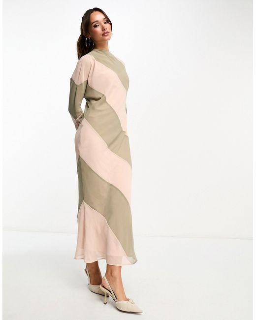 Asos Design high neck stripe maxi dress taupe and pink-