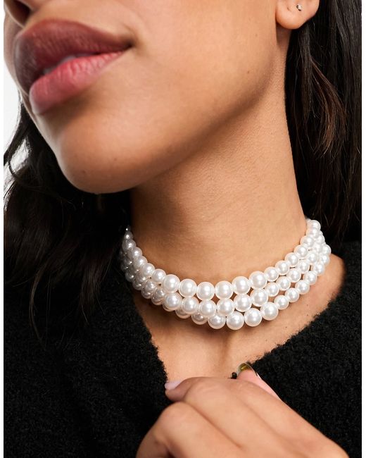 Asos Design choker necklace with triple row faux pearl design-