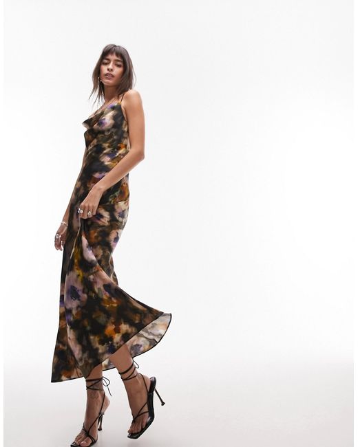 TopShop cowl neck cami slip maxi dress blurred floral print-