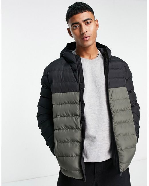 French Connection contrast puffer jacket with hood khaki