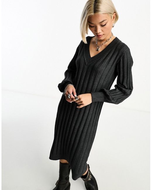 Object v neck knitted ribbed sweater dress dark