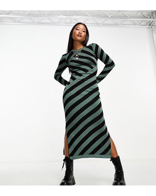 Vero Moda Petite stripe knitted maxi dress green and black-