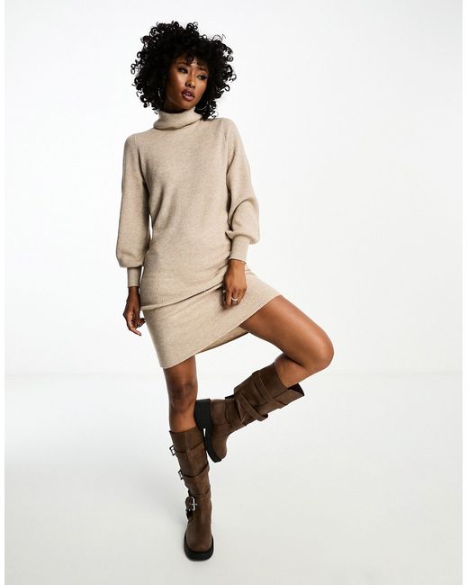 Only roll neck puff sleeve knitted midi sweater dress