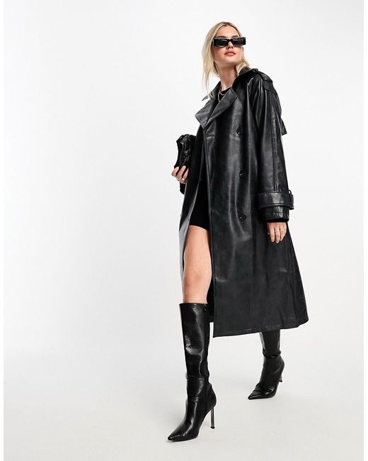 Asos Design washed faux leather trench coat charcoal-