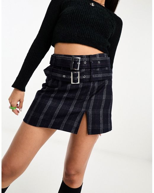 Asos Design double belt detail mini skirt with notch hem check