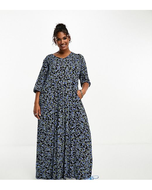 Yours balloon sleeve maxi dress blue floral-