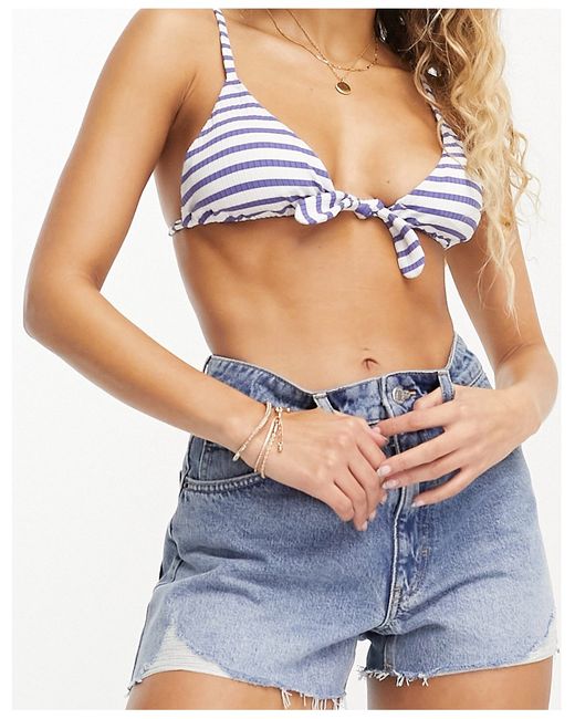 Other Stories tie front triangle bikini top blue and white stripe-