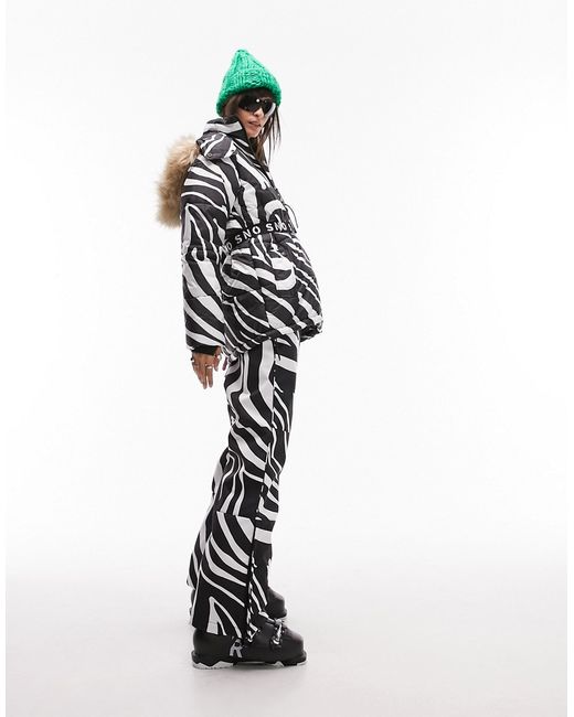 TopShop Sno ski coat with belt and fur trim hood zebra print-