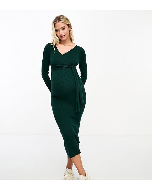 ASOS Maternity DESIGN Maternity knitted midi dress with wrap front dark