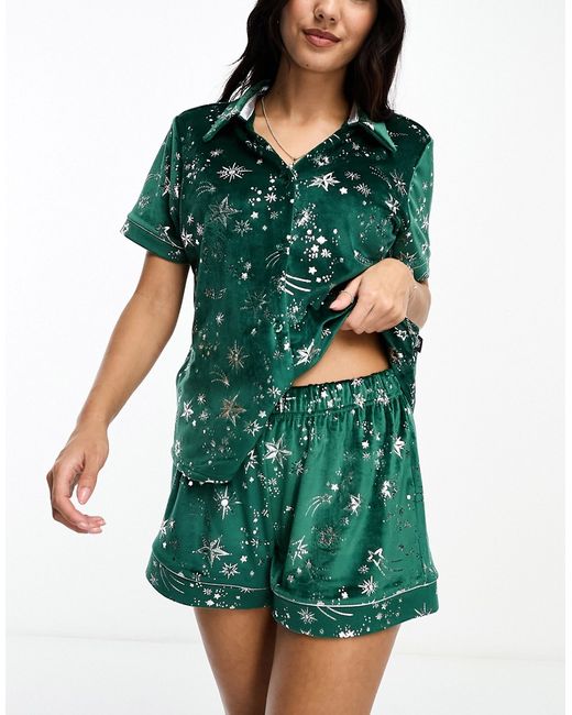 Chelsea Peers velvet revere top and short pajama set with silver foil print forest