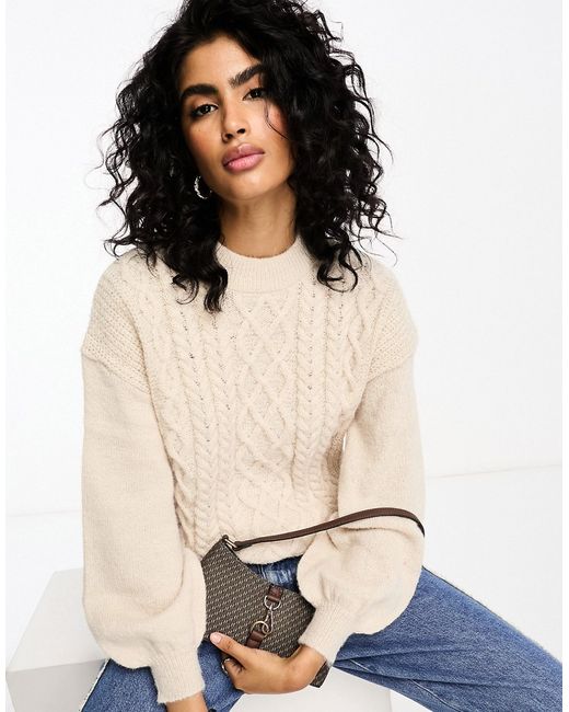 Vila cable knit sweater with puff sleeves cream-