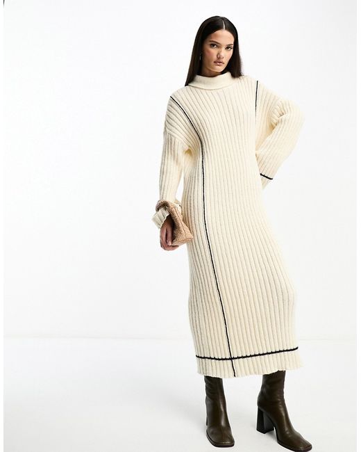 Y.A.S high neck knitted sweater midi dress cream with contrast stitch-