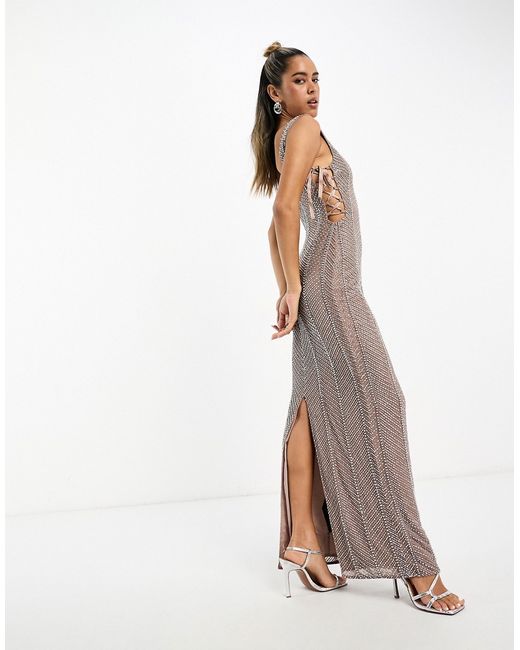 Asos Design embellished herringbone maxi dress with cut out side detail
