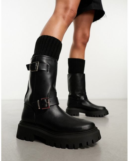 Stradivarius tall biker boots with buckle detail