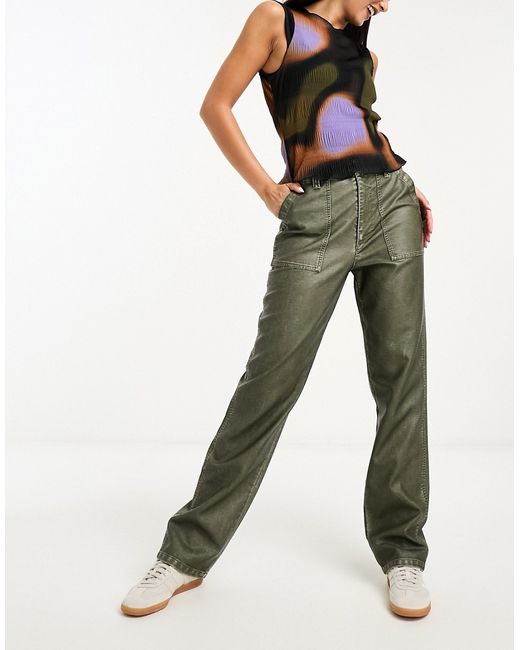 Asos Design faux leather utility pants with adjustable waist washed khaki-