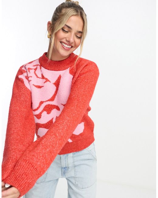 Monki high neck knitted sweater rose jacquard-