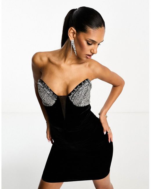 Asos Design velvet bandeau with embellished cup mini dress black-