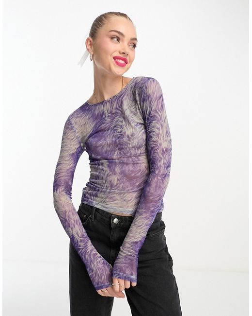 Monki long sleeve mesh top purple and green swirl print-