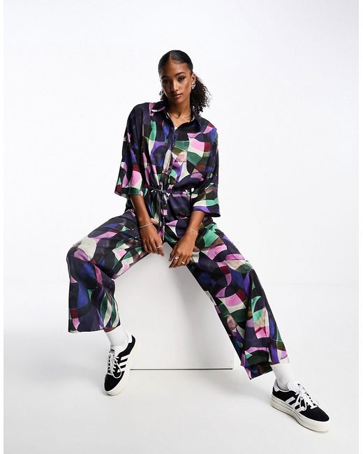 Monki long sleeve jumpsuit with collar abstract print-
