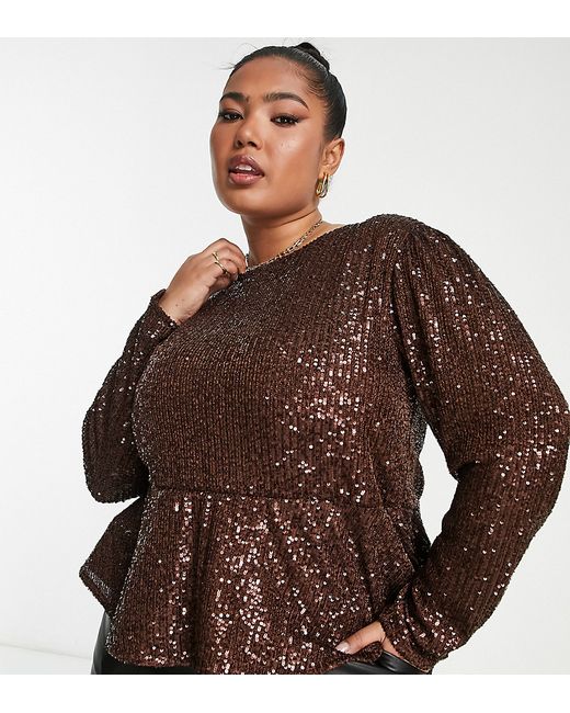 ASOS Curve DESIGN Curve exclusive sequin long sleeve smock top chocolate-