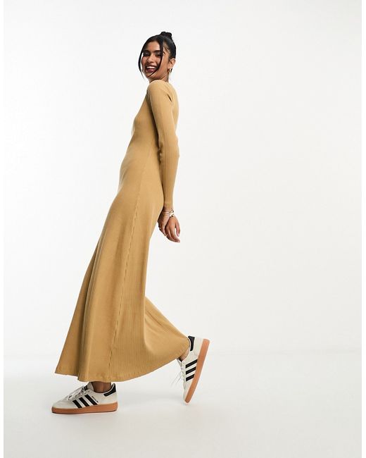 Asos Design super soft ribbed crew neck midi dress with long sleeve camel-